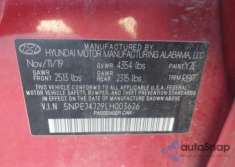 2020 Hyundai Sonata Sel Plus from USA, damaged, VIN 5NPEJ4J29LH003626